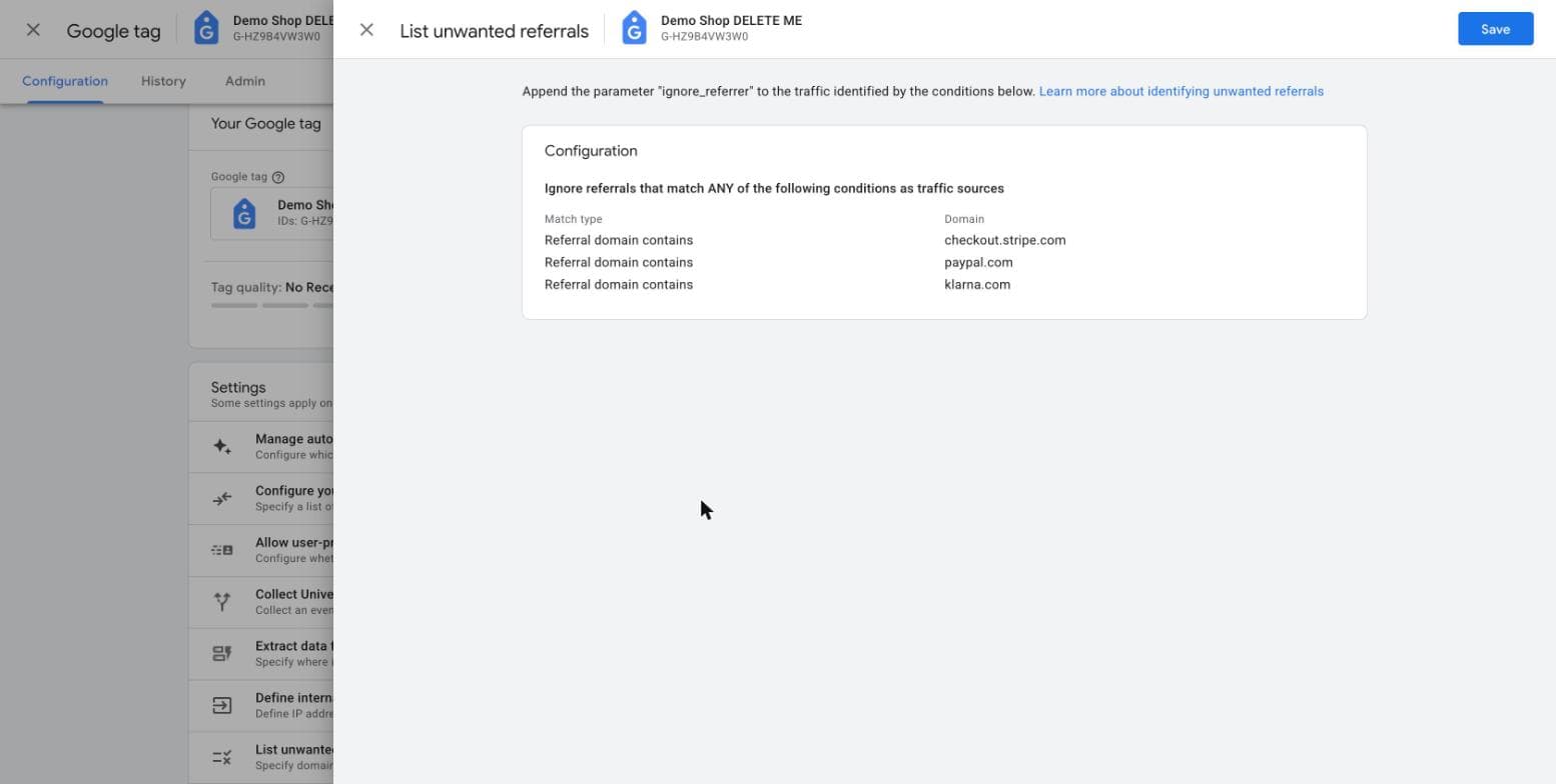 GA4 List unwanted referrals configuration showing checkout.stripe.com, paypal.com, and klarna.com added as excluded referral domains