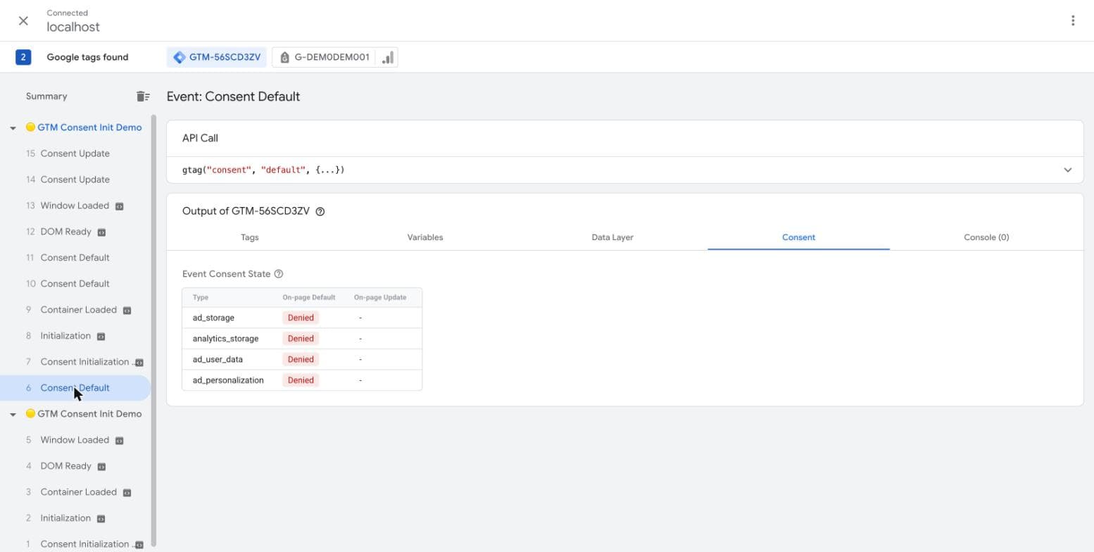 GTM Preview mode Consent tab showing analytics_storage denied by default before any other tag fires