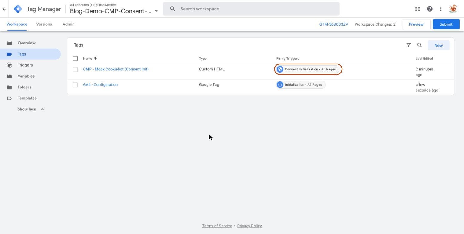 GTM Tags overview showing a CMP tag on the Consent Initialization trigger and the GA4 Configuration tag on the standard page-view trigger